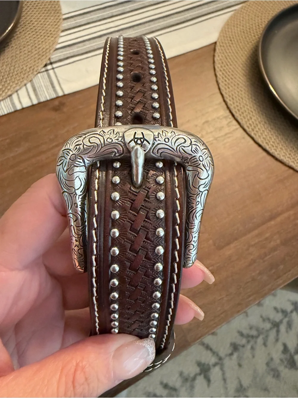Western Embossed Leather Youth Belt with Studded Detail - Brown